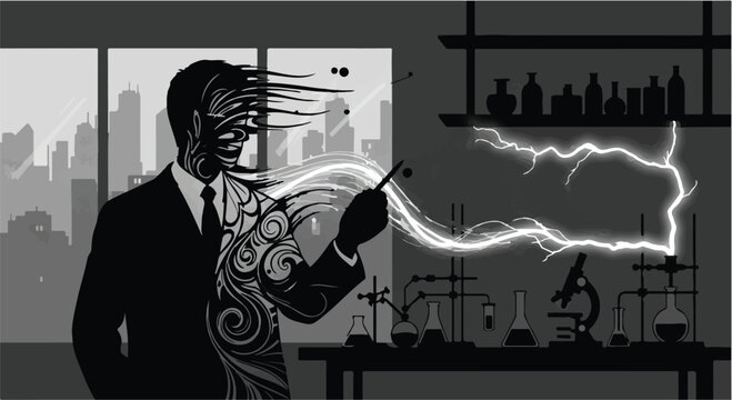 Scientist in a laboratory experimenting with electrical energy and abstract forms.