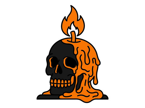 Graphic illustration of a melting skull candle with a flame on top, against a clean white background, with bold orange and black colors.