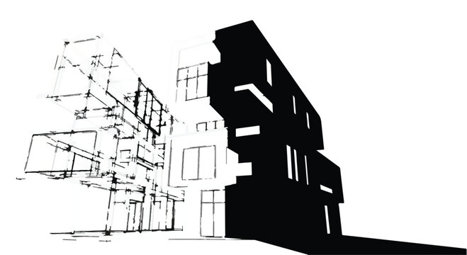 Building architectural blueprint merges with a solid rendered structure to illustrate the transition from design to reality.