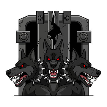 Fearsome Three-Headed Dog Emerging from Cracked Stone Gate