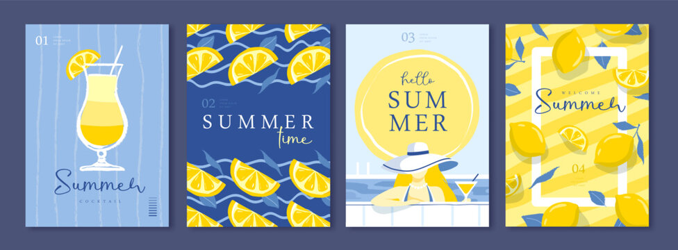 Set of summer Italian posters or covers with cocktail silhouette, lemons, swimming pool and woman on the beach. Vector illustration