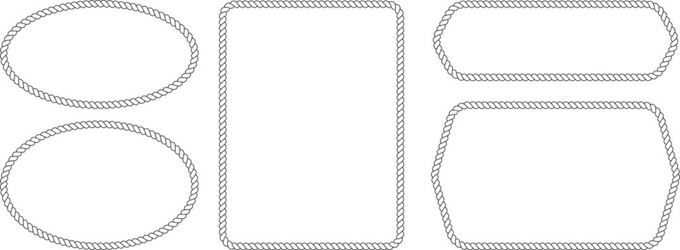 Rope frame border set, nautical marine cord or western lasso decorative design elements, oval rectangle and rounded polygon shapes for labels and invitations