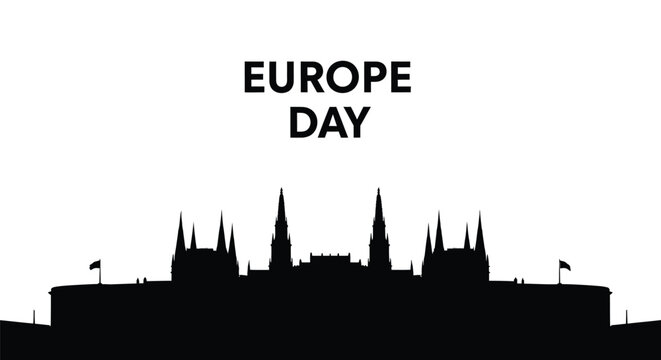 Minimalist vector graphic illustration of Europe Day celebrated with a silhouette of parliamentary buildings and flags
