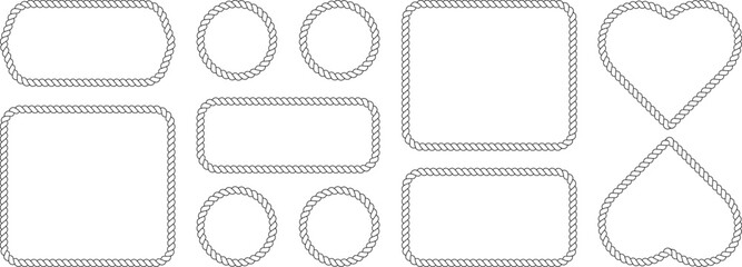 Set of rope frames, nautical border collection, vector illustration of twisted cord frames in various shapes including rectangle, circle, and heart © MDMahmudul
