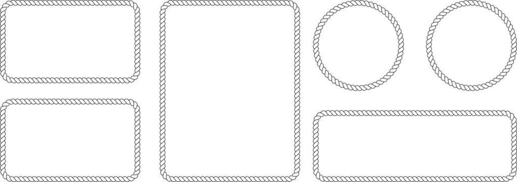 Set of rope frames, nautical border collection, vector illustration of twisted cord frames in rectangular and circular shapes, marine style design elements