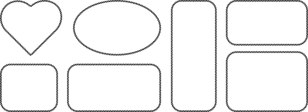 Set of rope frames, vector illustration of nautical cord borders in various shapes including heart, oval, and rectangles