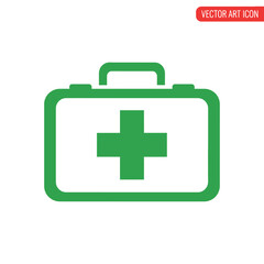 Obraz premium Green first aid kit icon with cross symbol, medical emergency bag illustration
