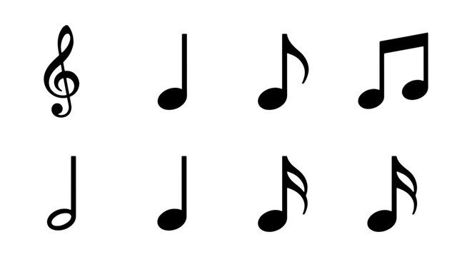 Set of Musical Note and Treble Clef Silhouette Icons - Music Notation Vector Illustration
