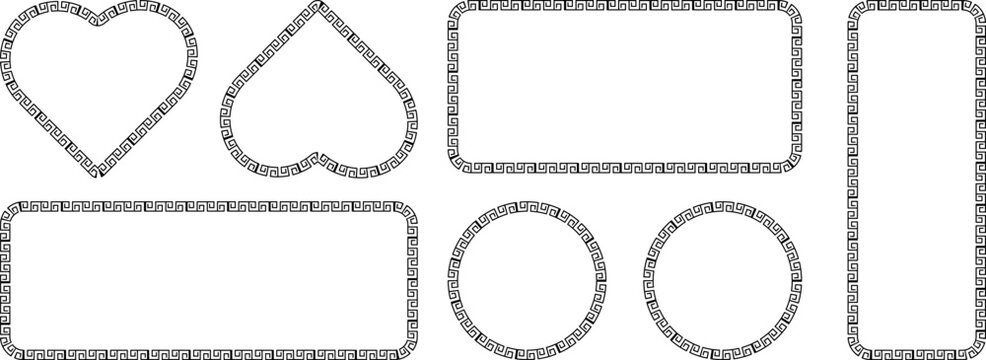 Set of vector frames with greek key pattern, meander border, decorative rectangular, circular and heartshaped frames