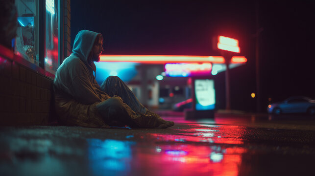 Side view of a homeless man in a hoodie sitting on a wet sidewalk at night with vibrant neon reflections, AI-generated image.