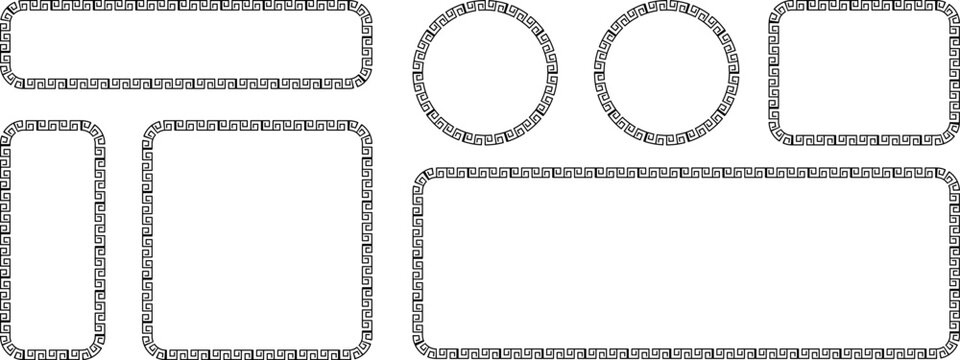 Set of vector frames with greek key pattern, decorative borders with meander ornament, rectangular and circular shapes