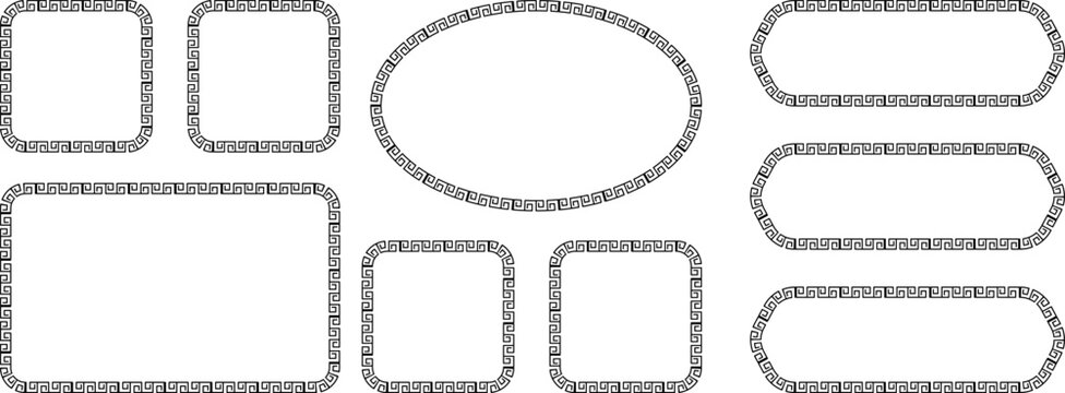 Set of greek key meander decorative borders and frames classic ancient greek geometric pattern design elements in various shapes like square, rectangle, and oval