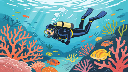 Underwater diver with colorful fish and coral © Bo