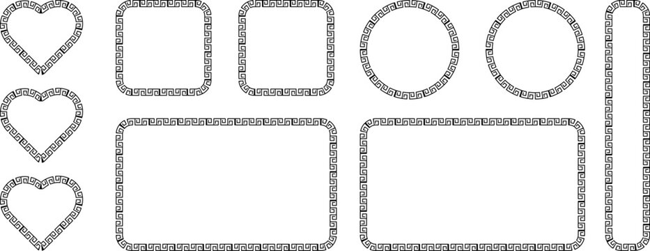 Set of vector frames with greek key pattern, meander border, decorative rectangular, circular, heartshaped and vertical rectangular frames