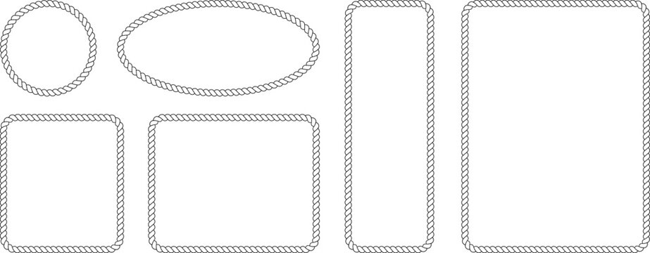 Set of nautical rope frames and borders in various shapes including circle, oval, square, and rectangles vector line art illustration for maritime design elements