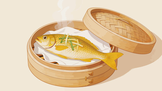 Steamed fish in bamboo steamer