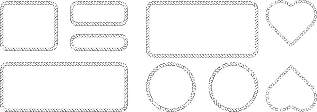 Set of rope frames and borders, nautical style twisted cord frames in rectangular, circular and heart shapes