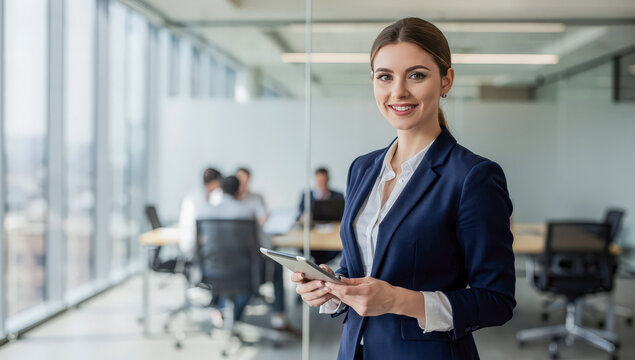 Businesswoman holding and using digital tablet in hand and looking with smile face in professional corporate company leader portrait in modern tech office workplace blur background