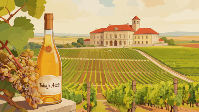 Wine bottle in vineyard landscape