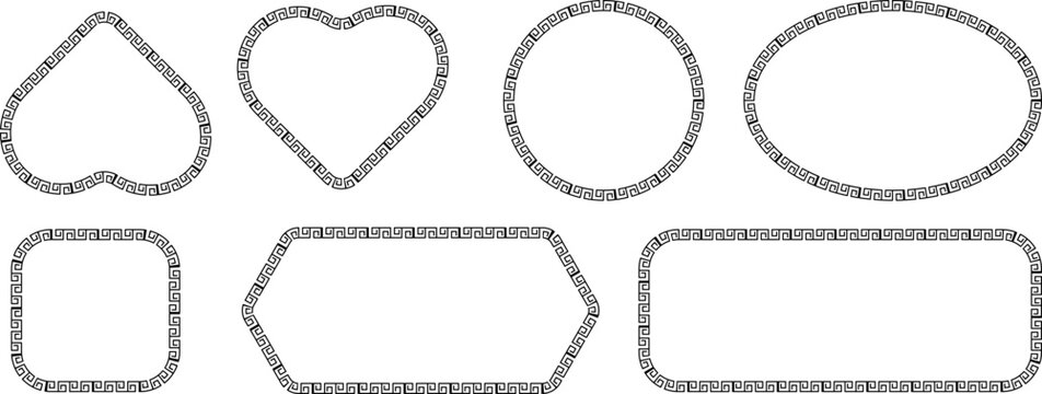Set of vector frames with greek key pattern decorative borders in heart, circle, oval, square, hexagon and rectangle shapes geometric meander ornament for invitations, cards, and design elements