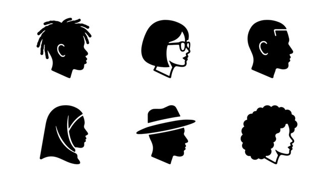 Set of Diverse People Head Profile Silhouette Icons for UI and Identity Design