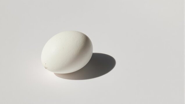 A single white egg casts a shadow on a bright, clean surface. Simple composition