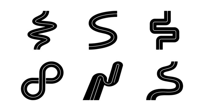  A professional collection of six black silhouette icons representing various types of winding roads and curved paths. This set includes zigzag, S-shaped, looped