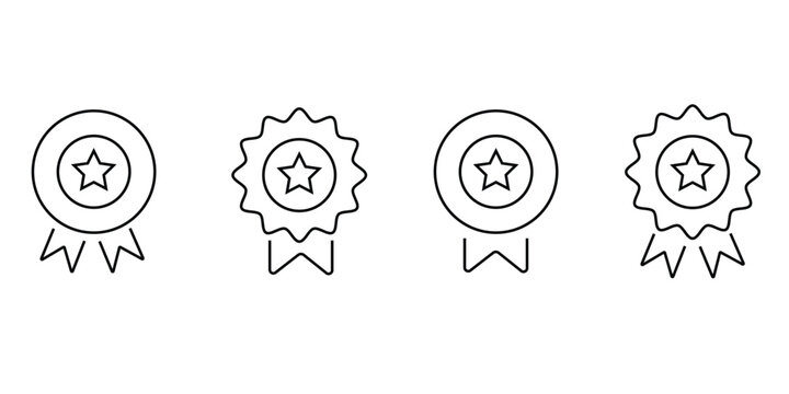 Vector set of black line star award badges and ribbons icons on white background for excellence and achievement recognition