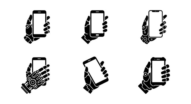 Robotic Hand Holding Smartphone and AI Technology Silhouette Vector Icon Set