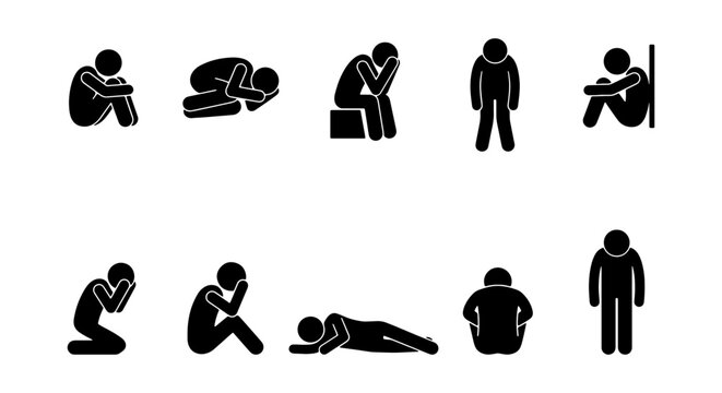 Depression Loneliness and Mental Health Sadness Silhouette Vector Icon Set