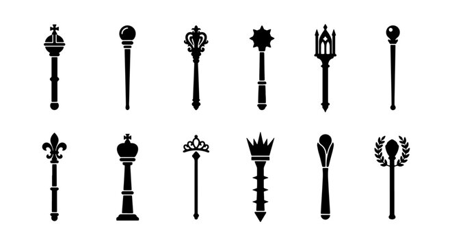 Royal Scepter and Medieval Mace Silhouette Vector Icon Set
