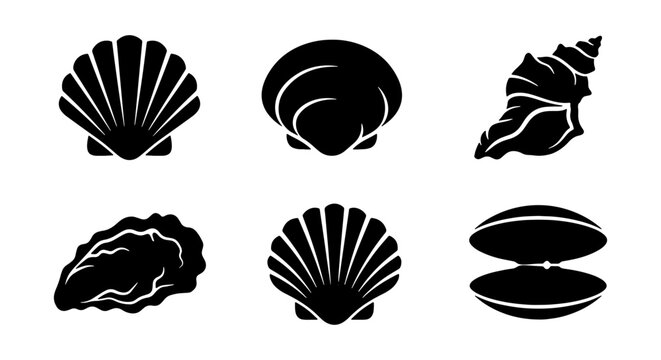 Seashell Silhouette Icon Set with Scallops, Clams, and Conch Vector Illustrations