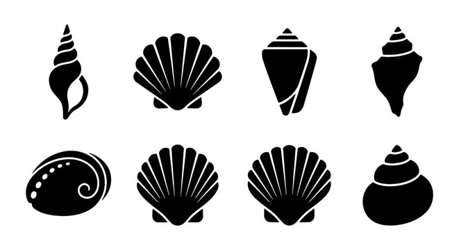 Set of 8 Black Seashell Silhouettes, Marine Life Icons, Ocean Beach Elements, Nautical Decorative Vector Graphics