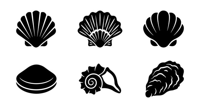 Seashell Silhouette Set with Scallops, Clams, and Conch Vector Icons