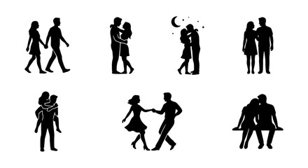 Fototapeta premium A collection of seven black vector silhouettes depicting romantic couples in various intimate and playful poses. This set includes icons of couples walking hand-in-hand, dancing