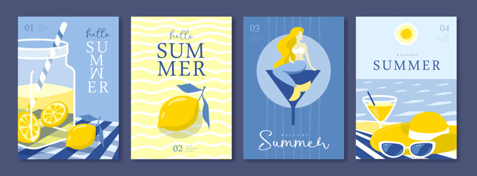Set of summer Italian posters or covers with lemonade, lemons, mermaid, cocktail, sunglasses  and beach landscape. Vector illustration