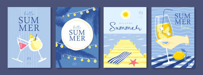 Set of summer Italian posters or covers with lemonade, lemons, string of lights, cocktail, palm trees and beach landscape. Vector illustration © annbozhko