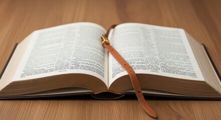 Fototapeta premium Open Bible on Wooden Table with Bookmark.