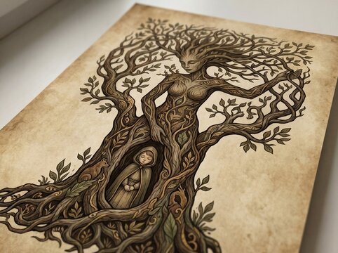 Vintage Parchment Illustration of Mother Nature Entwined with a Tree Protecting a Child
