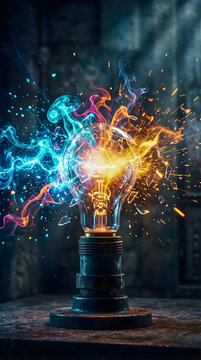 Creative Explosion of a Light Bulb with Vibrant Smoke and Sparks Symbolizing Innovation