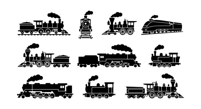 Black Silhouette Set of Vintage Steam Locomotives Antique Railway Engines and Classic Trains