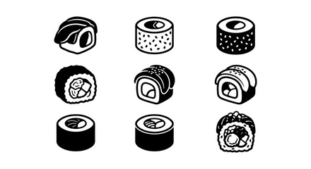 Black Silhouette Sushi and Maki Roll Icon Set - Japanese Cuisine Food Symbols for Restaurant Menus © Shakhawat
