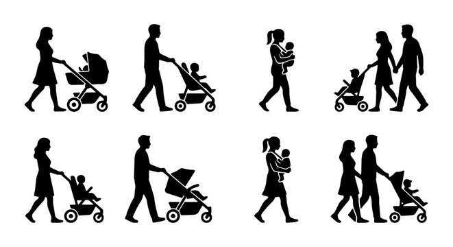 Black Silhouette Set of Parents Walking with Baby Stroller and Carrying Infants in Carriers
