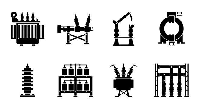 Black Silhouette Electrical Substation Icon Set - High Voltage Power Grid and Infrastructure Equipment