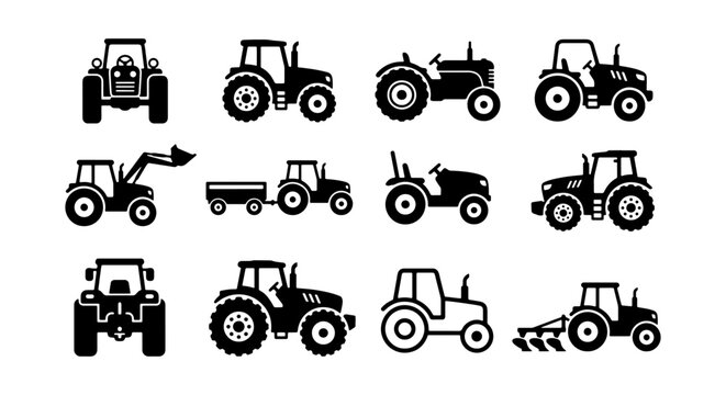 Large Set of Farm Tractor Silhouette Icons - Agricultural Machinery, Front Loaders, and Plowing Equipment