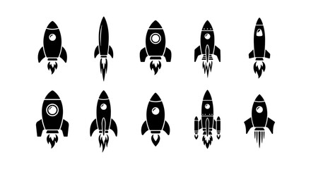 Black Silhouette Rocket Ship Icon Set - Space Launch Craft and Startup Success Concept Symbols © Shakhawat