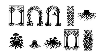 Gothic Forest Silhouette Elements Set - Haunted Tree Frames, Mushroom Stumps, and Roots for Spooky Designs © Rifat