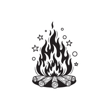 Stylized campfire with stars graphic, an illustrated graphic of a burning