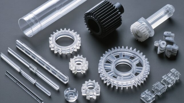Close-Up Shot Featuring an Array of Transparent Mechanical Parts and Gears for Industrial and Engineering Applications