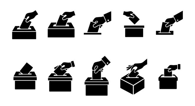 Election and Voting Silhouette Icon Set - Hand Putting Ballot in Box, Democracy Symbols, and Political Choice Vector Illustrations